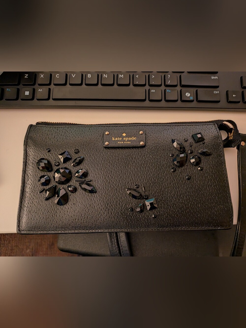 BEAUTIFUL Kate Spade Black Jeweled Pebbled Leather Wristlet